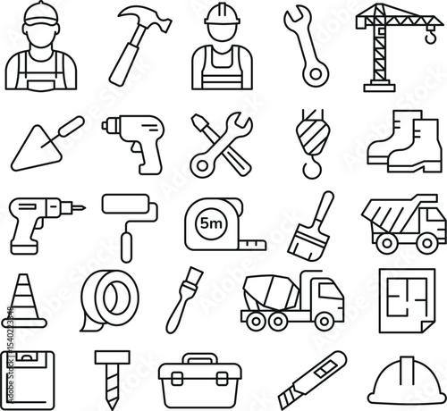 Construction outline stock Icons Set – Tools, Workers, Vehicles & Equipment Vector.
