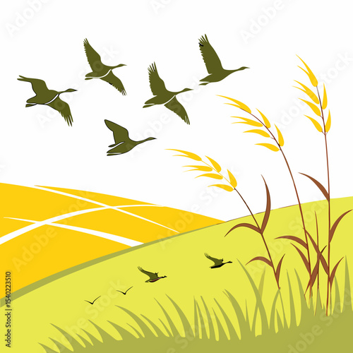Illustration of flying birds over golden grasslands with tall blades in a serene landscape