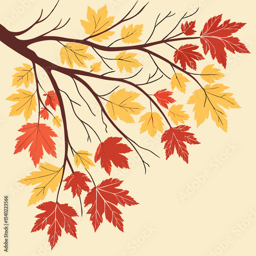 Illustration of autumn leaves in vibrant colors on a tree branch against a light background