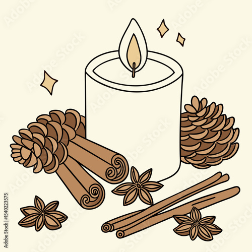 Aromatic candle with cinnamon sticks, pine cones, and star anise on a light background
