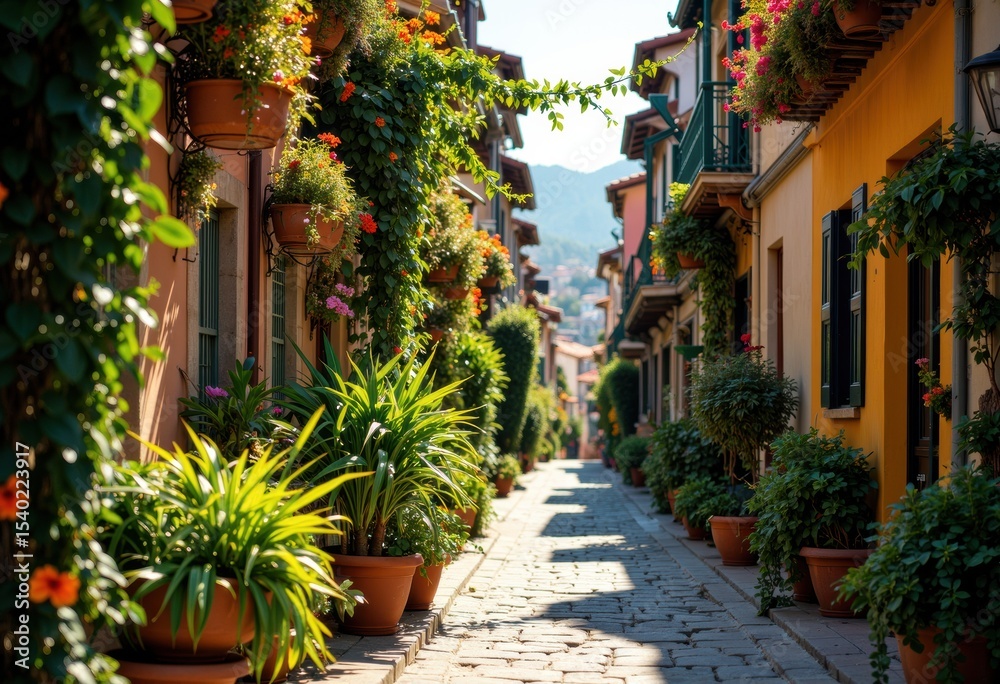 Charming narrow street lined with vibrant potted plants and colorful buildings Charming narrow street lined with vibrant potted plants and colorful buildings