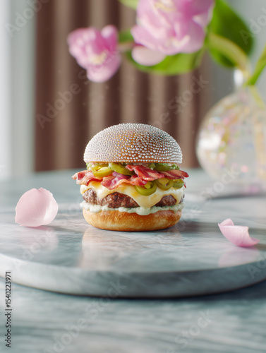Innovative gourmet meatless burger showcasing lab-grown protein and futuristic design on a sleek marble surface
