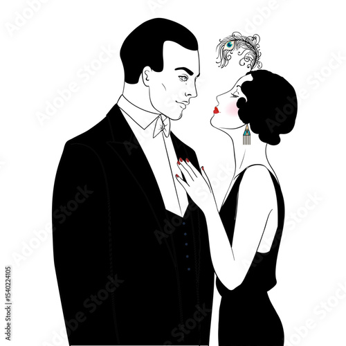 Vector illustration of a glamorous 1920s flapper girl in Art Deco style, with red feather and elegant silhouette. Perfect for vintage party invites, jazz events, themed weddings, or retro decor.
