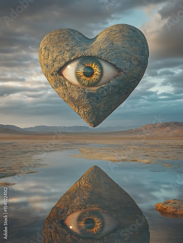 Floating heart-shaped stone with a realistic eye and reflection in surreal desert landscape