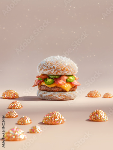 Gourmet diamond burger showcasing high-tech meatless innovation in a clean futuristic flatlay