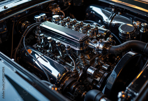Close-up of a high-performance car engine showcasing polished metal components and intricate mechanical details photo