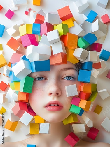 A girl with her head covered in pastel-colored paper cubes and soft textures