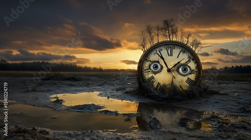 Surreal sunset landscape with a clock face containing human eyes and floating eyeballs