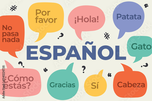 espanol word and speech bubbles with spanish words and phrases; perfect for language learning materials, classroom posters, or educational social media content- vector illustration