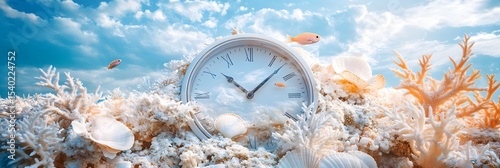 A white clock surrounded by coral, seashells, and tropical fish under the blue sky