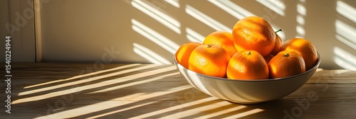 A bowl of fresh oranges on a wooden table with morning sunlight and shadows