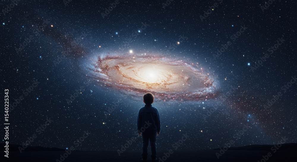 Obraz premium Child gazing at galaxy with night sky, wonder, and space.