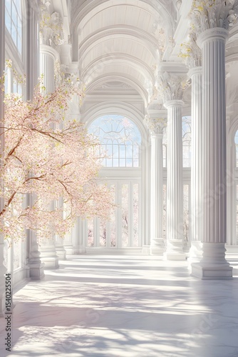 Bright neoclassical white hall with tall columns and blooming cherry blossoms
