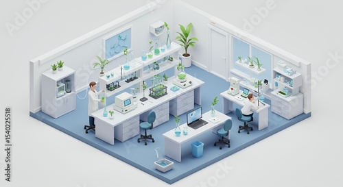 Isometric View of a Bright Laboratory with Research Equipment and Scientists in White Coats