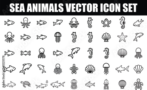 Sea Animals Line Icon Set   Fish, Dolphin, Whale, Shark, Octopus, Turtle, Jellyfish, Marine Life Vector Collection