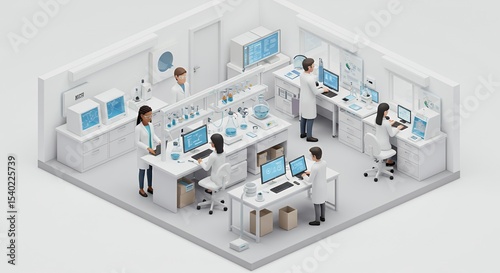 Isometric View of a Pixelated Laboratory with Scientists Working on Computers and Medical Research in a Brightly Lit White and Light Blue Setting