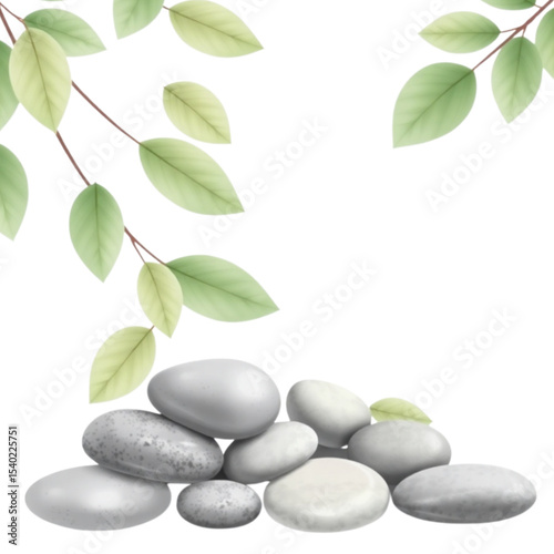 zen stones and green leaves