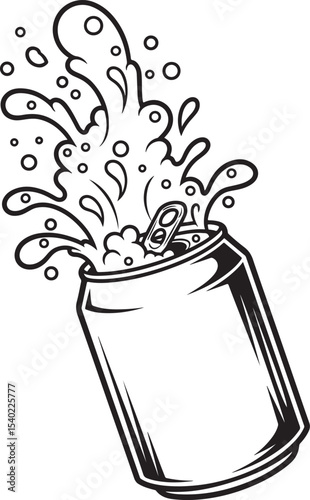 Soda can explosion illustration with dynamic splash in black and white style