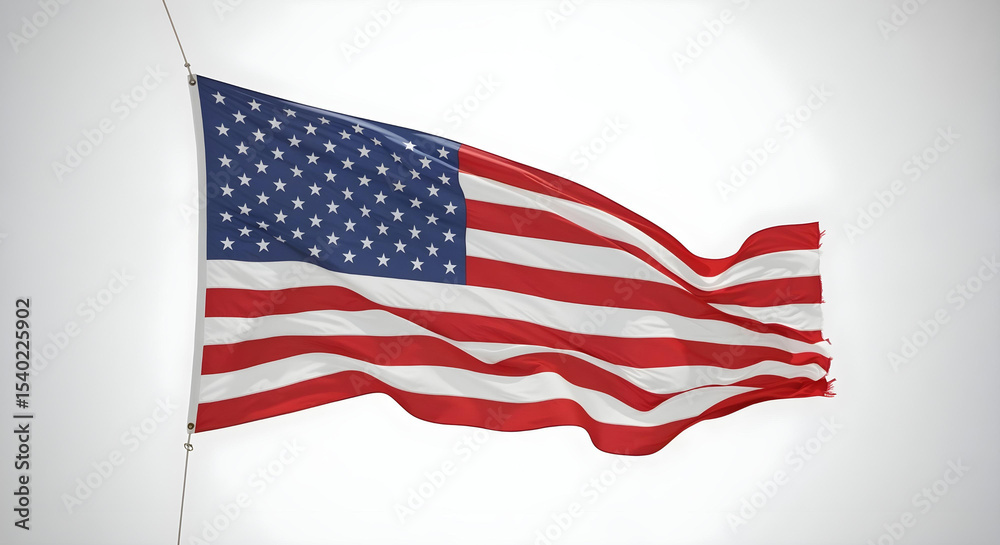 Fototapeta premium U.S. flag waving gracefully on white background, highlighting vibrant colors and flowing fabric.