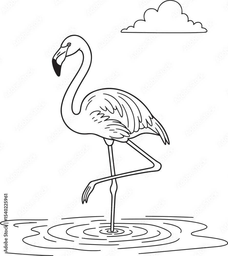 Obraz premium Single line drawing of a flamingo standing in water with a cloud