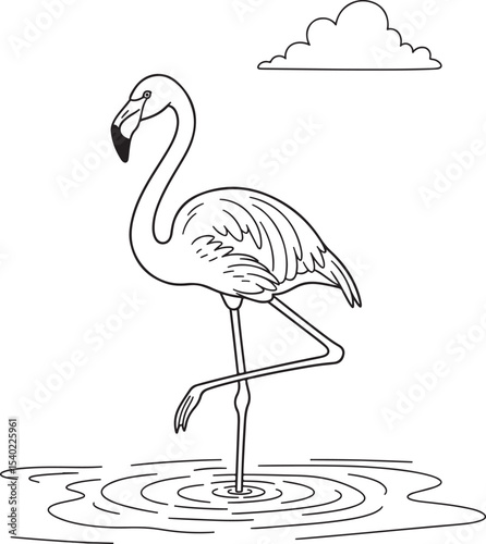 Single line drawing of a flamingo standing in water with a cloud