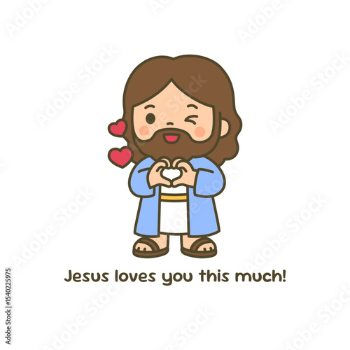 Cute Cartoon Jesus Making Heart Gesture with Jesus Loves You This Much Text