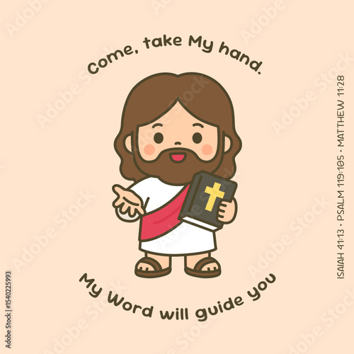 Cartoon Jesus Offering His Hand and Holding Bible with Scripture Text Invitation