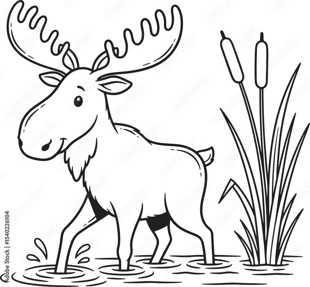 Fototapeta premium Cartoon Moose Wading Through Water with Cattails, Vector Illustration for Coloring