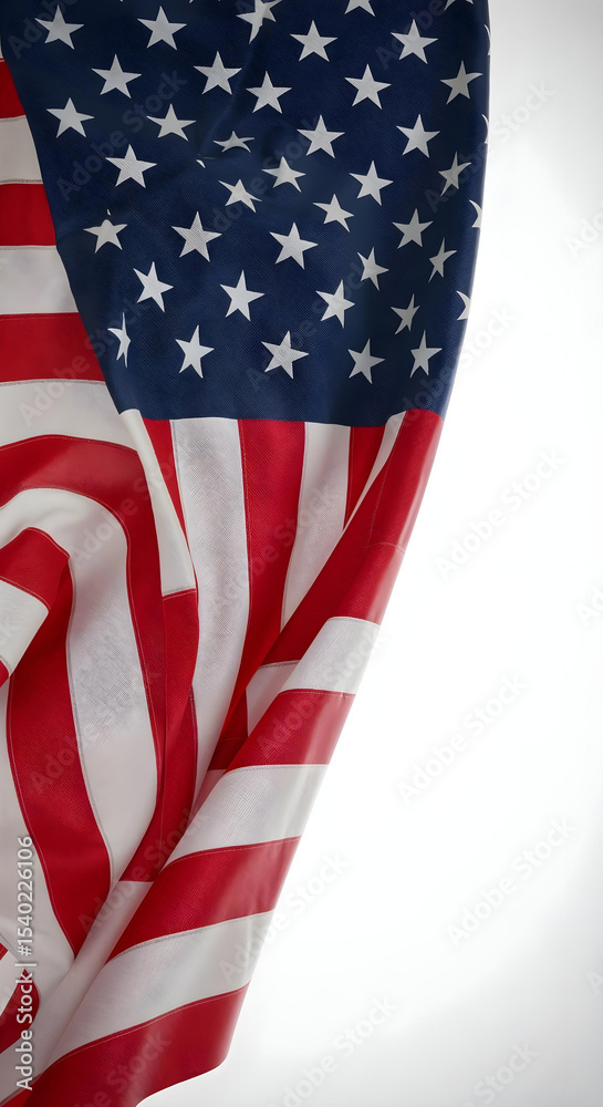 Obraz premium U.S. flag waving gracefully on white background, highlighting vibrant colors and flowing fabric.