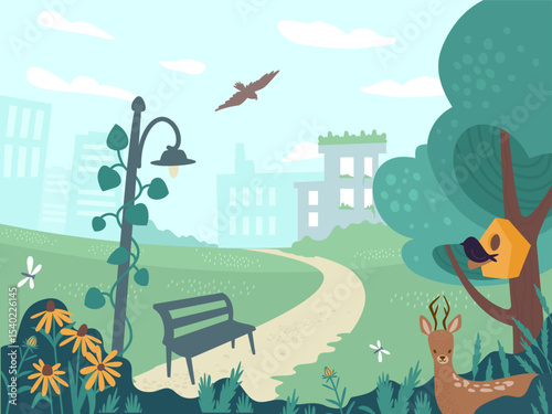 Urban park with deer, flowers and birdhouse – eco friendly city nature, sustainability and mindfulness concept – flat vector