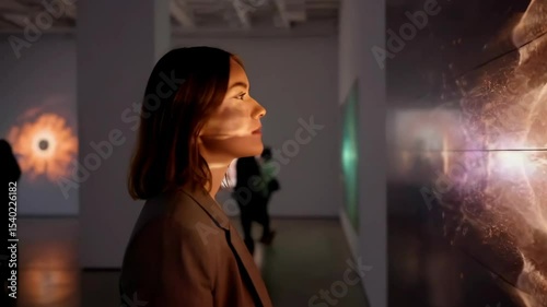 Woman Engages with Mesmerizing Digital Art Installation at a Contemporary Museum Gallery Exhibition
