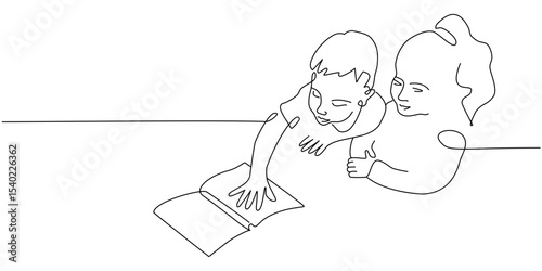 Continuous one line drawing with boy and girl reading open books. Vector single line illustration of children reading book.