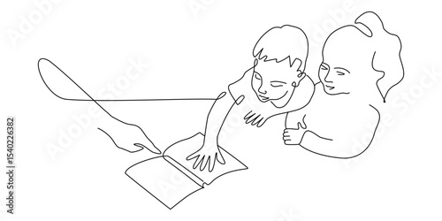 Continuous one line drawing with boy and girl reading open books. Vector single line illustration of teacher and children reading book.