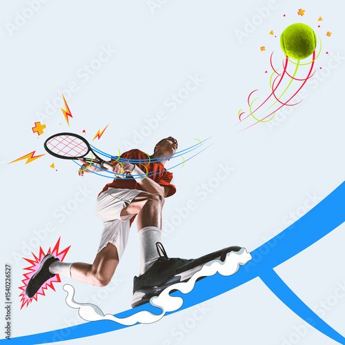 Stylized action piece. Tennis player in red releases vibrant forehand shot with energetic swirl and motion-trail highlighting strength. Concept of energetic infographics, web graphics