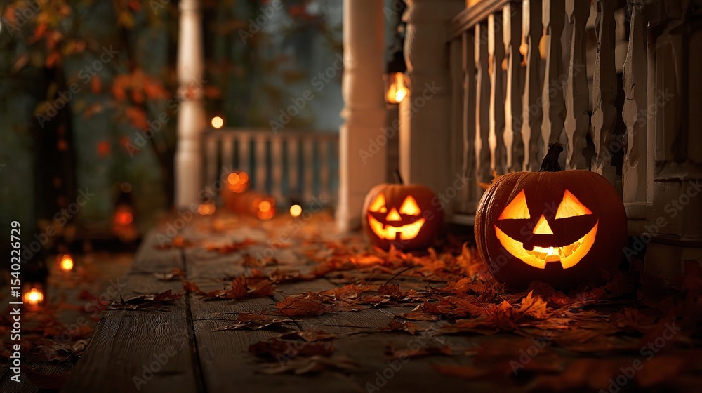 Fototapeta premium Illuminated jack o lanterns on a porch covered in autumn leaves creating a spooky atmosphere image on transparent background