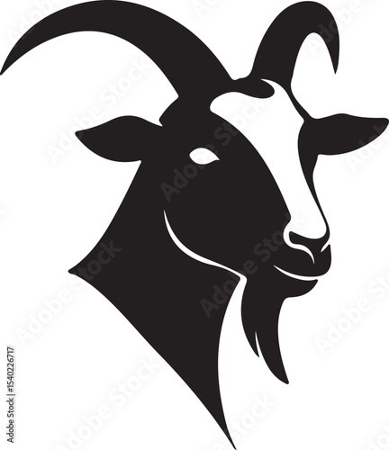 Stylized black and white silhouette of a goat head with prominent curved horns, ideal for logos or designs