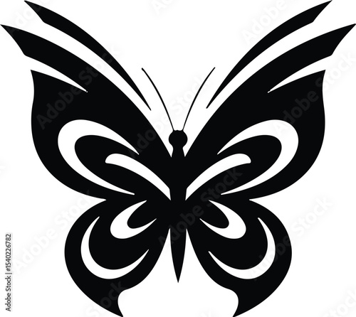 Elegant black and white butterfly silhouette with intricate wing patterns for design use