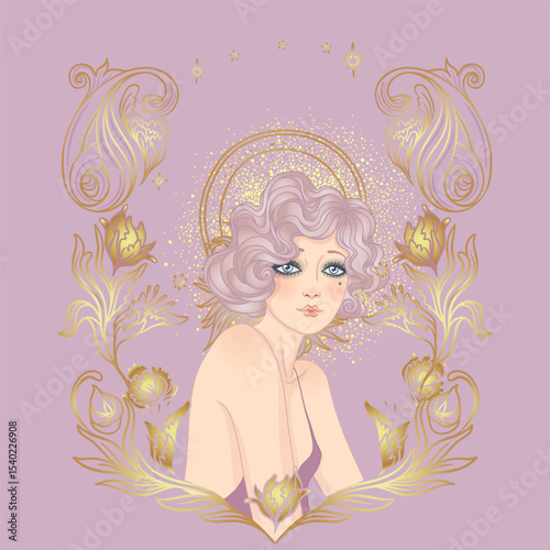 Art Deco design template with elegant flapper girl, geometric shapes, and decorative elements in dusty rose and gold tones. Perfect for invitations, fashion branding, events, or digital decor.