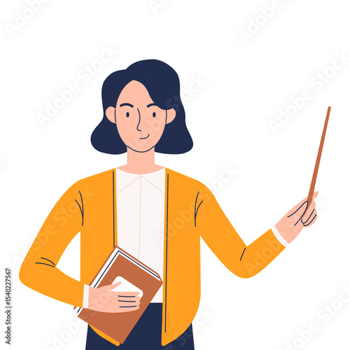 A smiling woman teacher with a pointer and a book in her hands in a cartoon flat style. The vector illustration is isolated on a white background
