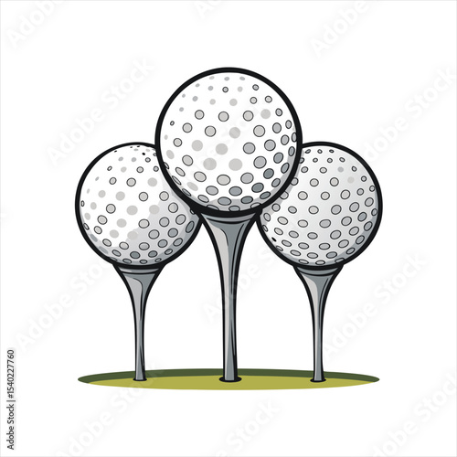 Three White Golf Balls on Tees: Sport Equipment for Golf Course and Game