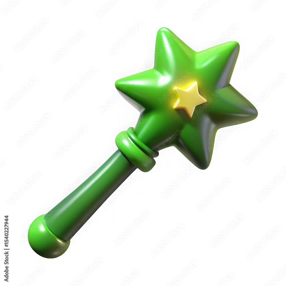 Obraz premium Green star wand cartoon magic stick isolated on transparent background