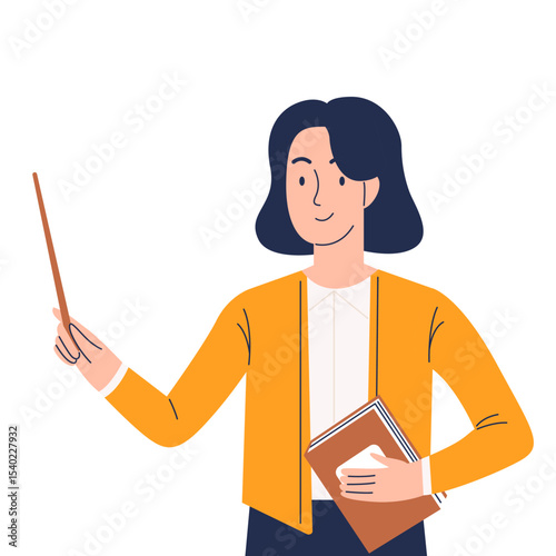 A smiling woman teacher with a pointer and a book in her hands in a cartoon flat style. The vector illustration is isolated on a white background
