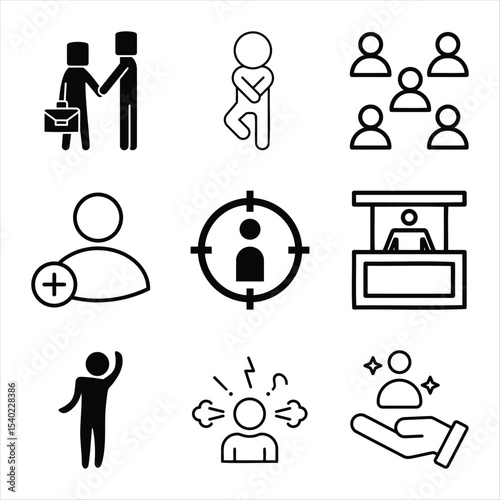 Business People And Human Interaction Symbols Black And White Vector Icon Set Isolated