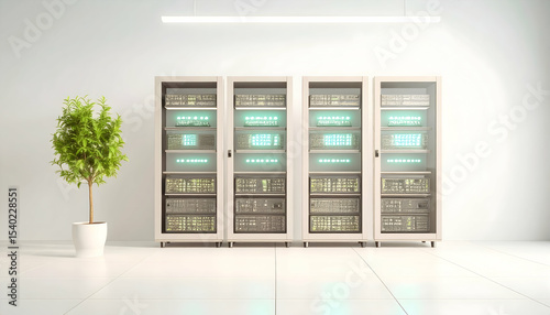Modern Data Center with Glowing Servers and a Small Plant