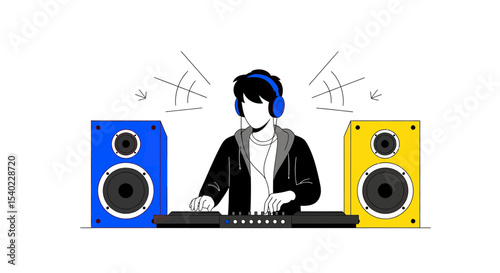 Young Male DJ Wearing Blue Headphones Mixing Music with Blue and Yellow Speakers
