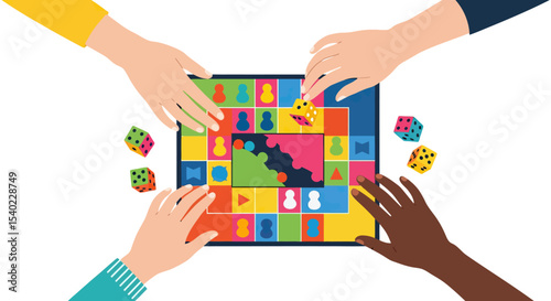 Multiracial Hands Playing Colorful Board Game with Dice on White Background
