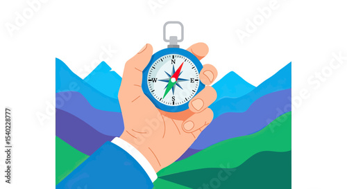 Hand Holding Blue Compass Pointing North with Colorful Mountain Landscape Background
