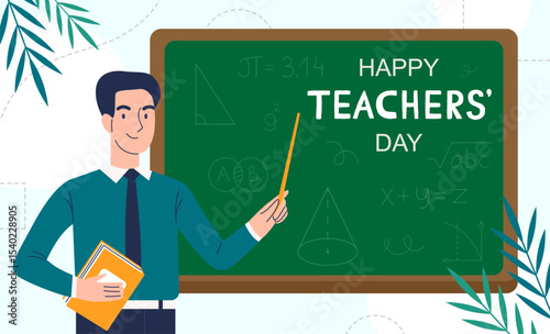 Young smiling man teacher with a pointer in his hands stands at the blackboard with the inscription Happy Teacher's Day. Vector illustration.