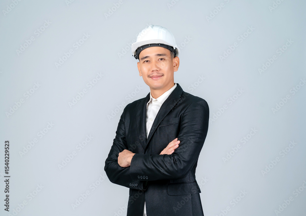 Young Asian male engineer or architect on grey background Young Asian male engineer or architect on grey background