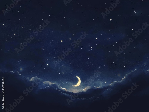 Serene night sky with new moon and stars for celestial themed design